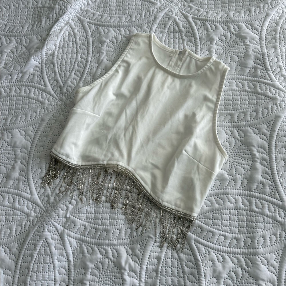 White Crop Top with Silver Fringe